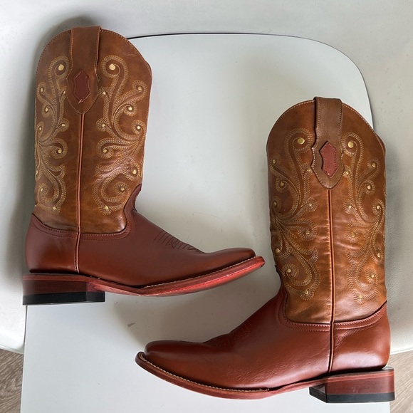 Ferrini Square Toe Cowboy Boots Men’s Size 10 Cowhide Leather Brown Embroidered - Picture 9 of 15